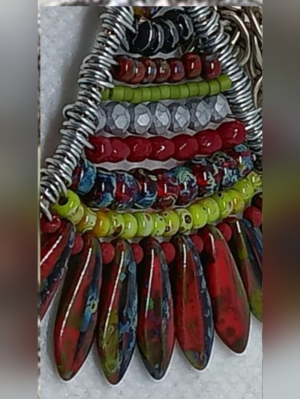 Handmade Artisan Beaded Necklace with Red and Green Accents